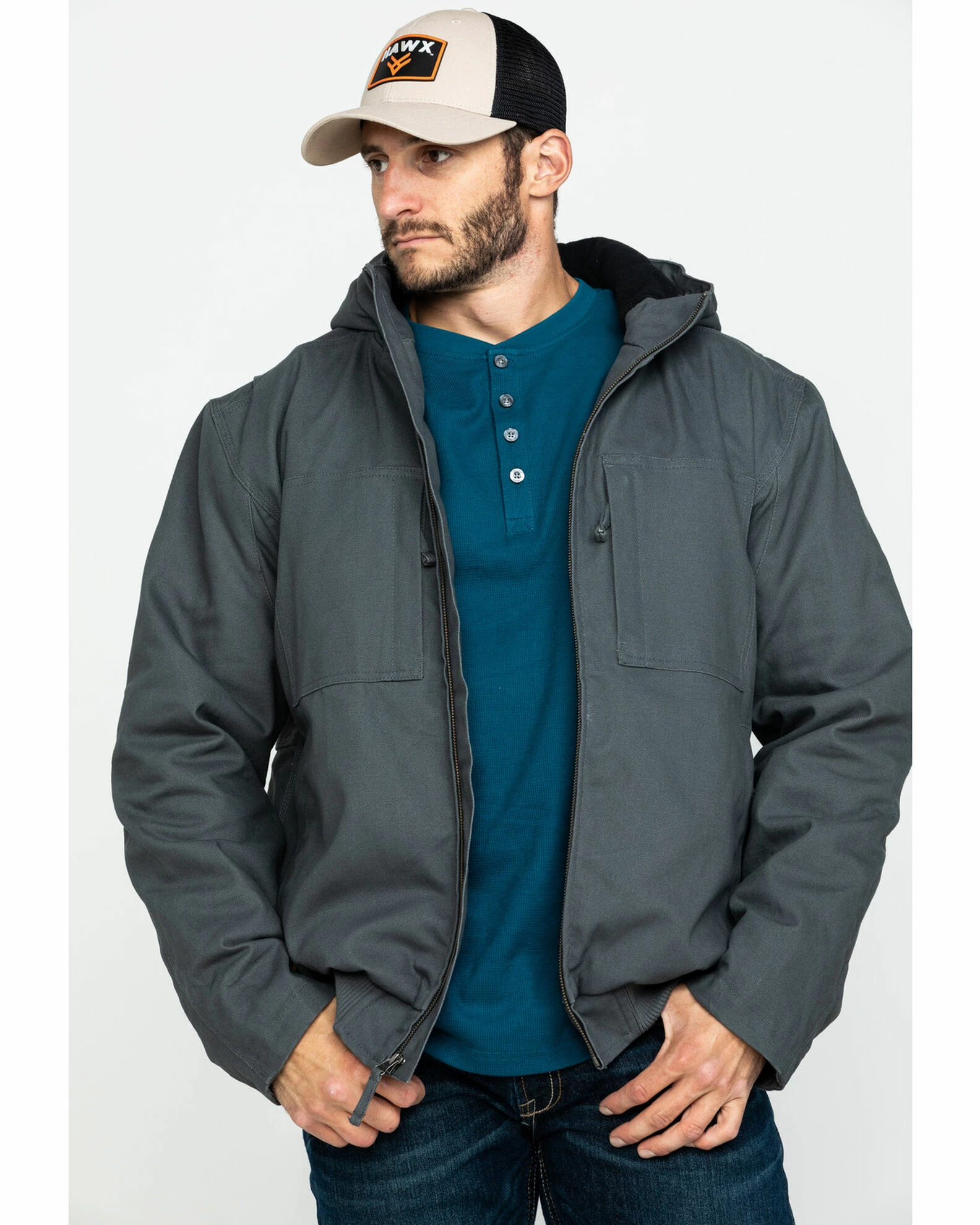 Hawx Men's Shadow Grey Canvas Quilted Bi-Swing Hooded Zip Front Jacket - Tall Dark Grey 3 Hawx Men's Shadow Grey Canvas Quilted Bi-Swing Hooded Zip Front Jacket - Tall Dark Grey