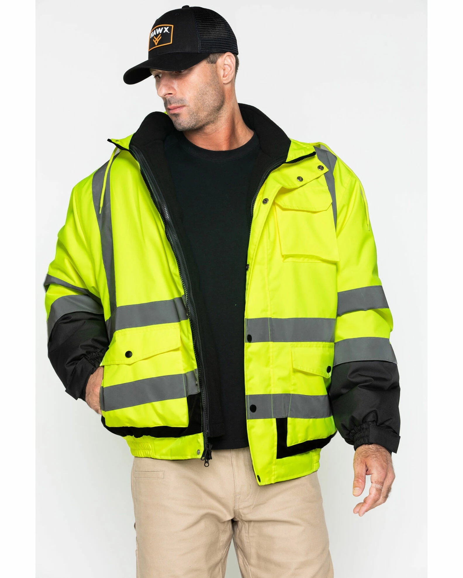 Hawx Men's 3-In-1 Hooded Reversible Bomber Work Jacket - Tall Yellow 3 Hawx Men's 3-In-1 Hooded Reversible Bomber Work Jacket - Tall Yellow