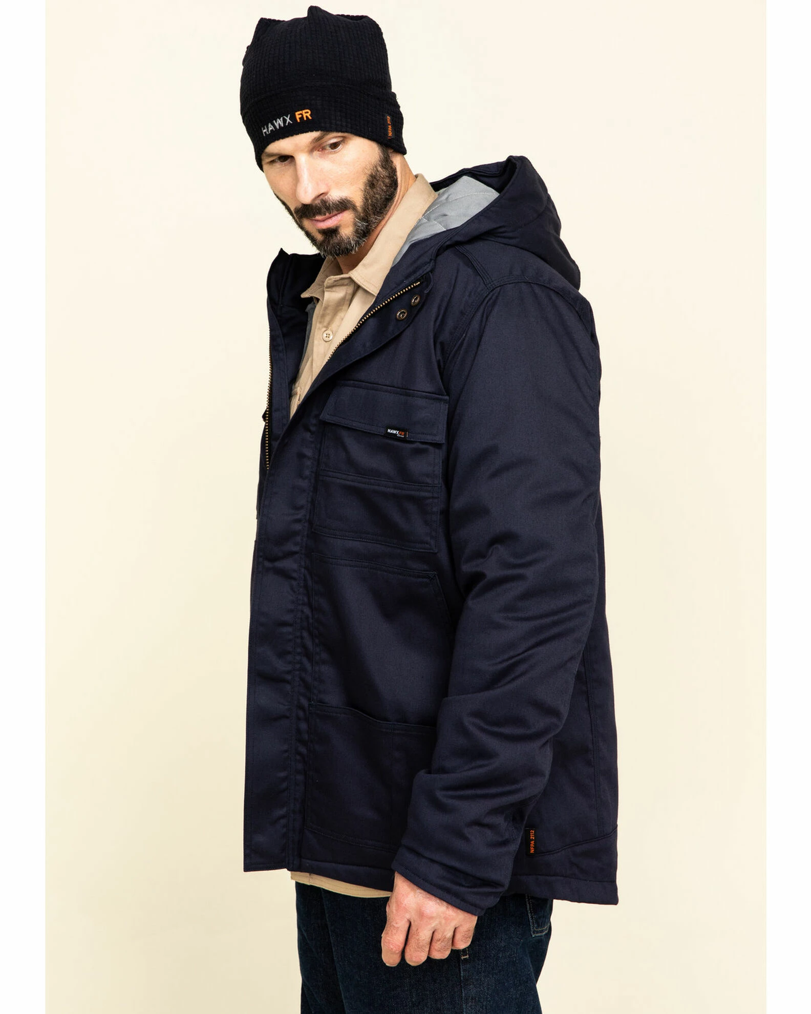 Hawx Men's Navy FR Duck Hooded Storm-Flap Work Jacket - Big 5 Hawx Men's Navy FR Duck Hooded Storm-Flap Work Jacket - Big - Image 3