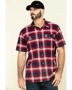 Hawx Men's Bullhead Indigo Plaid Short Sleeve Work Shirt Black Cherry