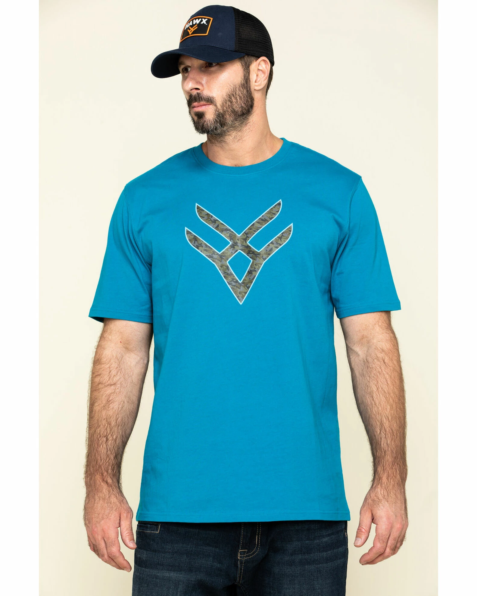 Hawx Men's Teal Fractal Camo Logo Graphic Work T-Shirt 3 Hawx Men's Teal Fractal Camo Logo Graphic Work T-Shirt