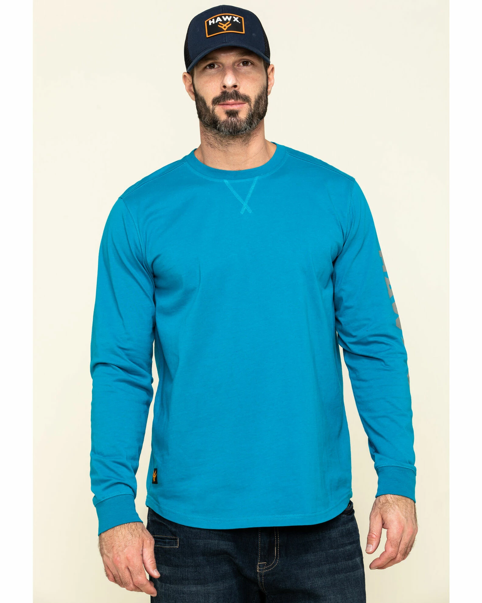 Hawx Men's Teal Sleeve Logo Long Sleeve Work T-Shirt 3 Hawx Men's Teal Sleeve Logo Long Sleeve Work T-Shirt