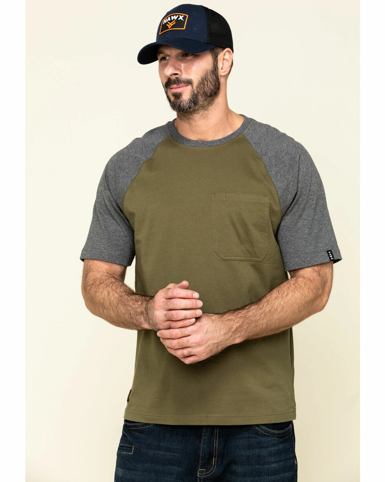 Hawx Men's Olive Midland Short Sleeve Baseball Work T-Shirt 3 Hawx Men's Olive Midland Short Sleeve Baseball Work T-Shirt