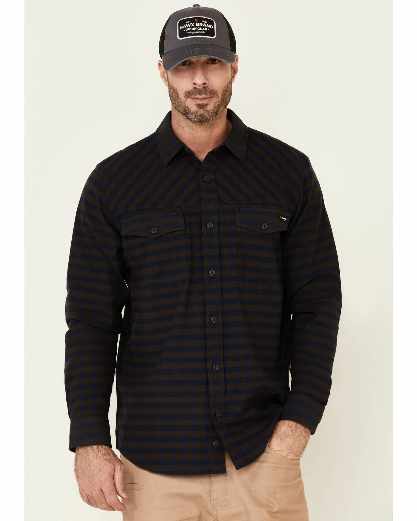 Hawx Men's Navy Newport Herringbone Stretch Check Long Sleeve Work Shirt 3 Hawx Men's Navy Newport Herringbone Stretch Check Long Sleeve Work Shirt