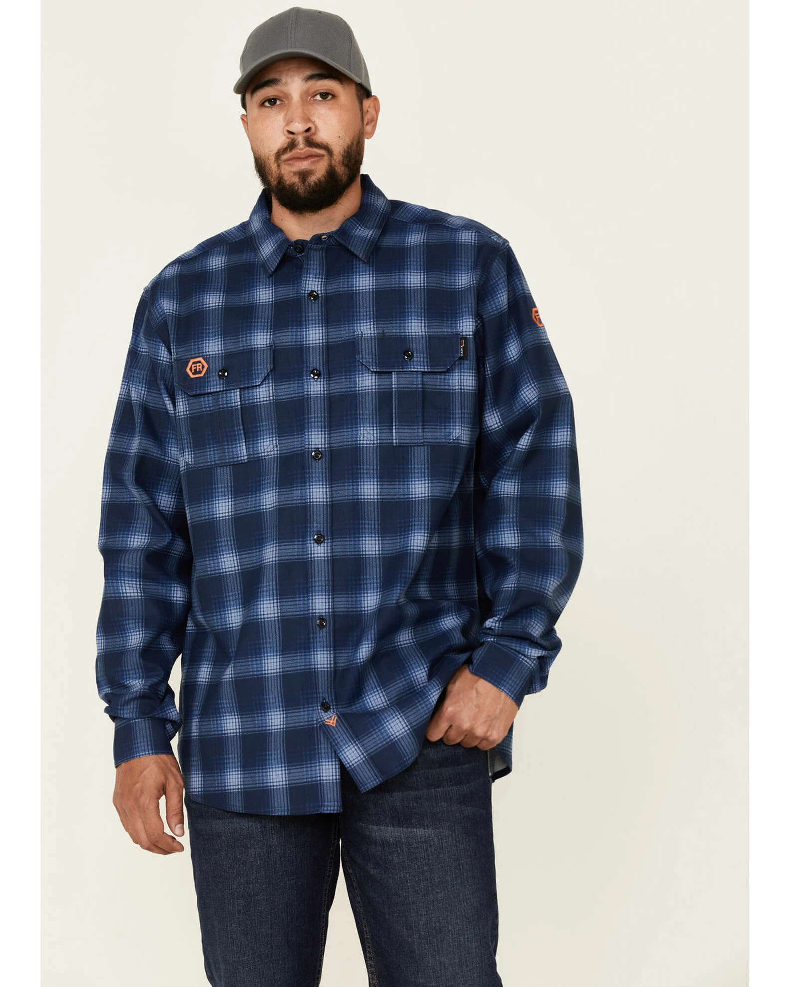 Hawx Men's FR Navy Plaid Long Sleeve Button-Down Work Shirt 3 Hawx Men's FR Navy Plaid Long Sleeve Button-Down Work Shirt
