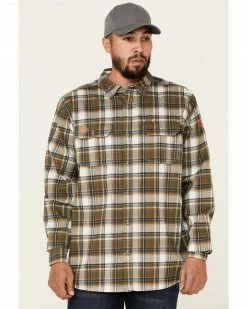 Hawx Men's FR Olive Woven Plaid Long Sleeve Button-Down Work Shirt 