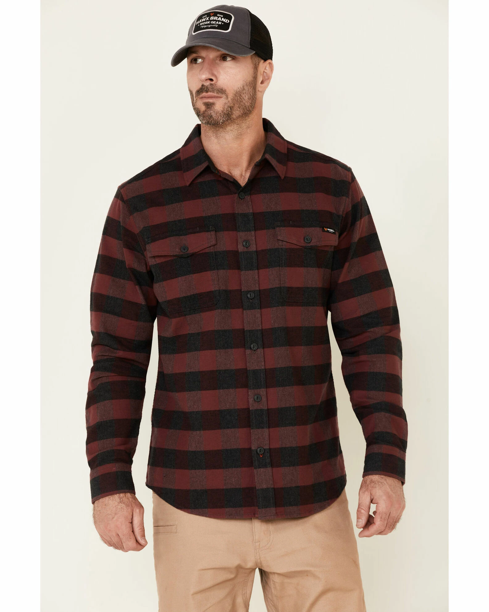 Hawx Men's Harris Stretch Plaid Long Sleeve Button-Down Work Flannel Shirt - Tall Dark Red 3 Hawx Men's Harris Stretch Plaid Long Sleeve Button-Down Work Flannel Shirt - Tall Dark Red