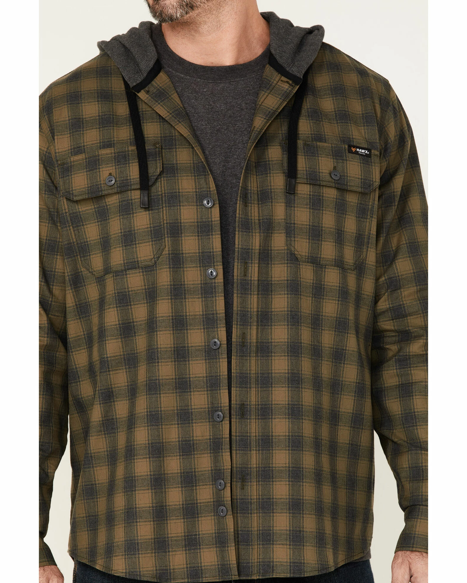Hawx Men's Olive Plaid Robertson Button-Down Hooded Work Flannel Shirt 5 Hawx Men's Olive Plaid Robertson Button-Down Hooded Work Flannel Shirt - Image 3