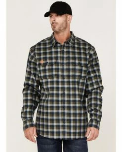 Hawx Men's FR Buffalo Plaid Print Long Sleeve Button-Down Work Shirt Navy